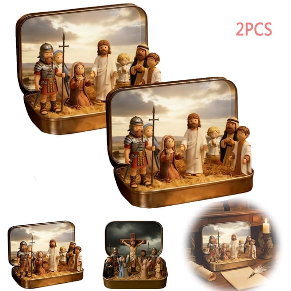 Little Saints in a Tin, Mini Easter Jesus Classic Scenes, Miniature Easter Scene in a Tin Box, Pocket Resin Nativity Sets Figures for Religious Home Office Tabletop