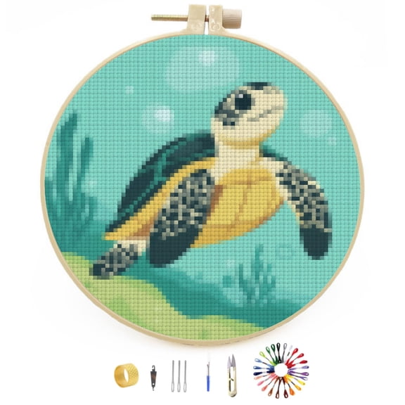 Little Sea Turtle Stamped Cross Stitch Kits for Beginners with Hoop Simple Patterns 11CT Counted Embroidery Needlepoint Crafts Arts for DIY Enthusiasts and Home Decor 26x26cm