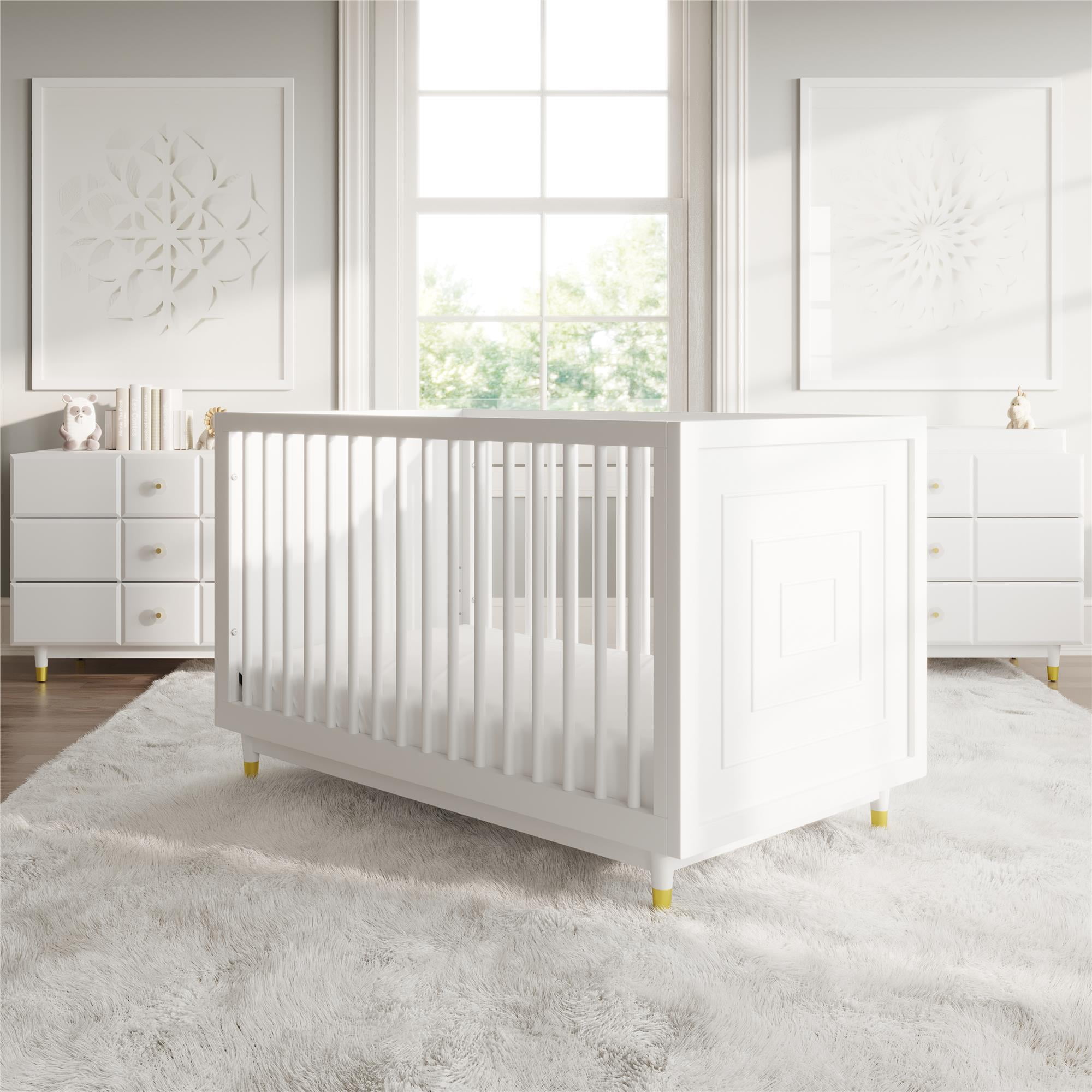 White High-Gloss Wood 3-in-1 Convertible Crib with Gold Accents