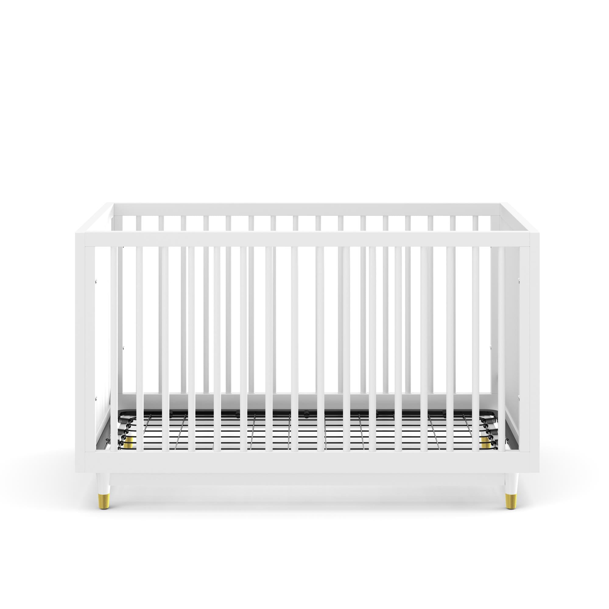 White High-Gloss Wood 3-in-1 Convertible Crib with Gold Accents