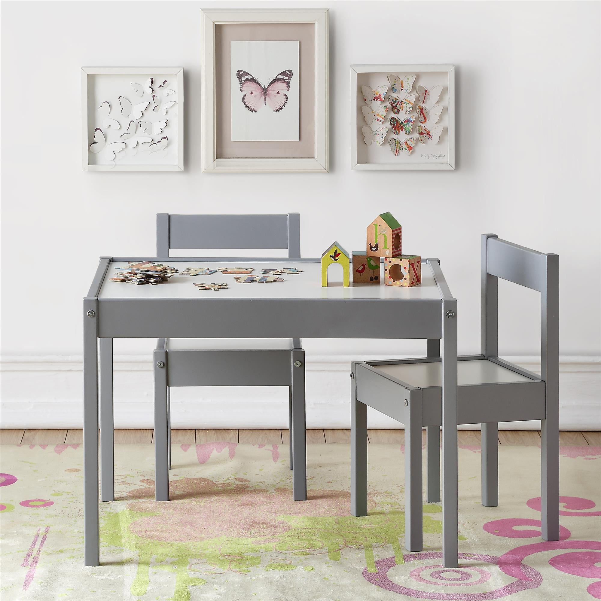 Gray and White Wooden Kids Play Table and Chair Set