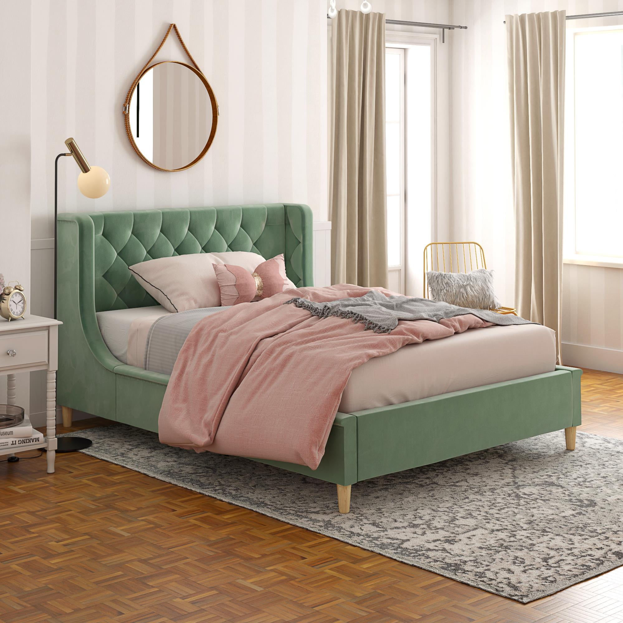 Teal Velvet Full Bed with Tufted Upholstered Headboard