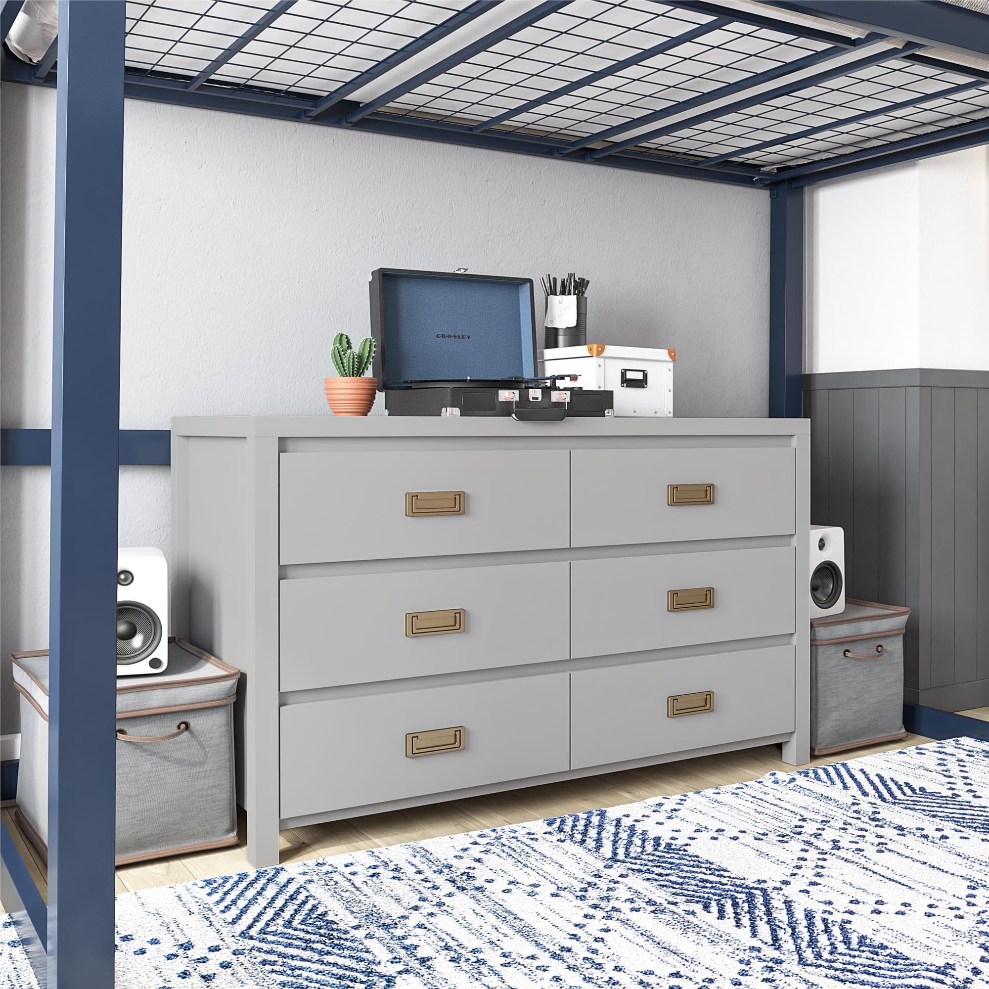 Dove Gray 6-Drawer Campaign Style Dresser with Gold Pulls