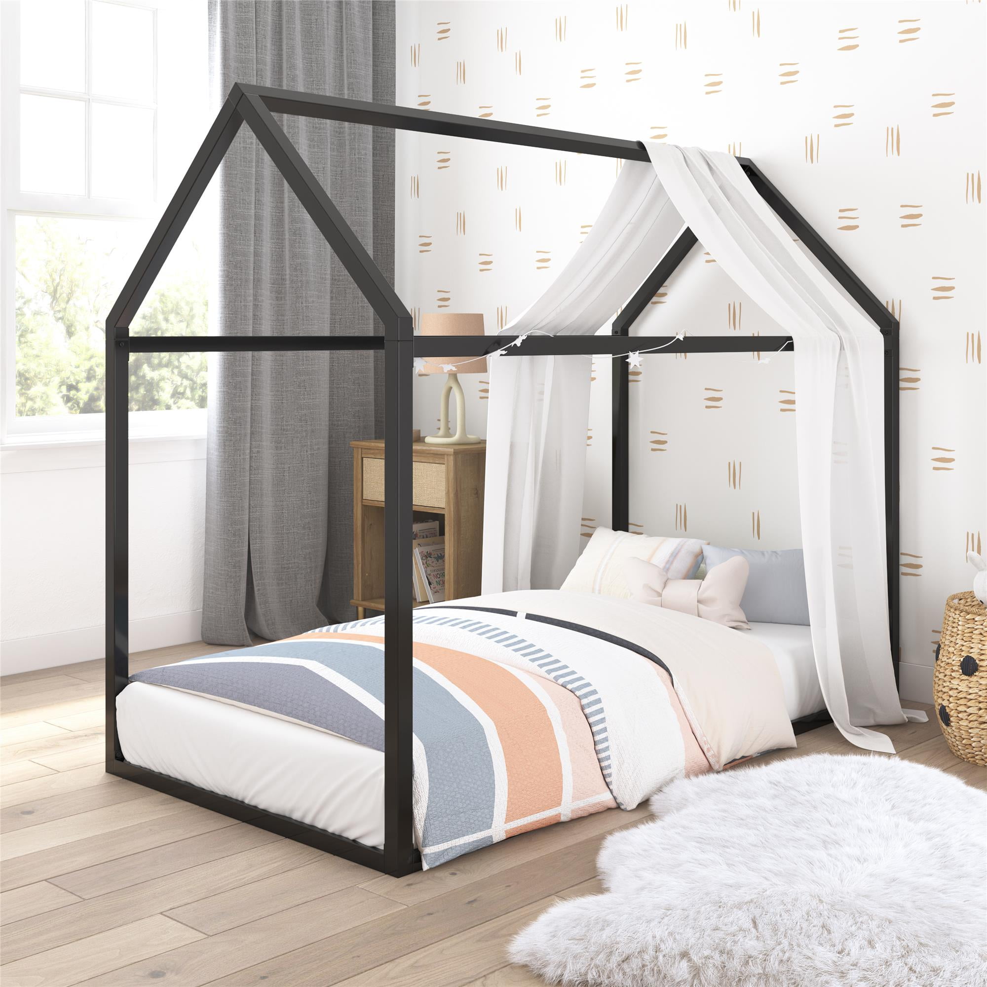 Black Metal Twin Montessori House Bed with Canopy Frame