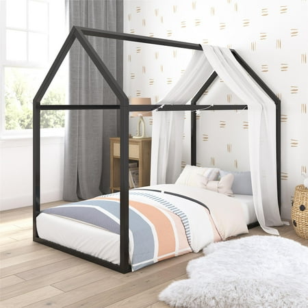 Max & Finn Skyler Kids Montessori House Floor Bed, Twin, Black