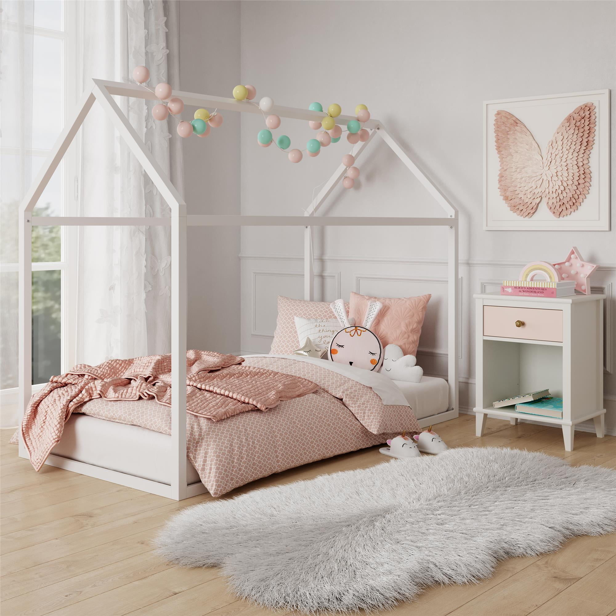Max & Finn Skyler Metal Montessori House Bed, Twin, Off White