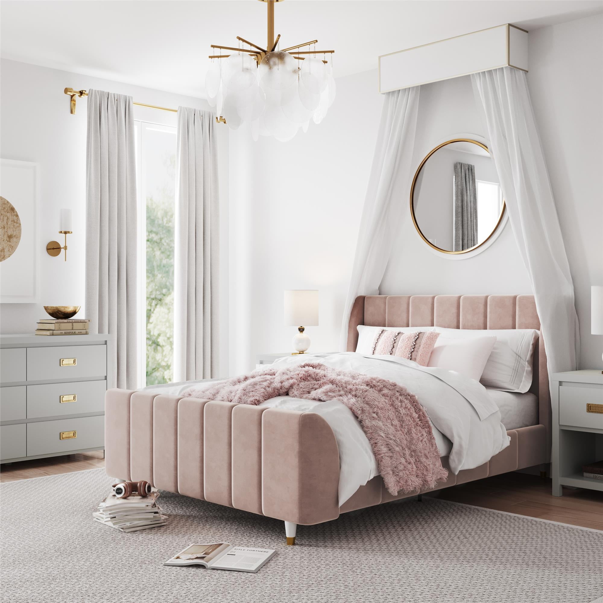 Max & Finn Valentina Upholstered Bed, Full, Pink Velvet - Walmart.com