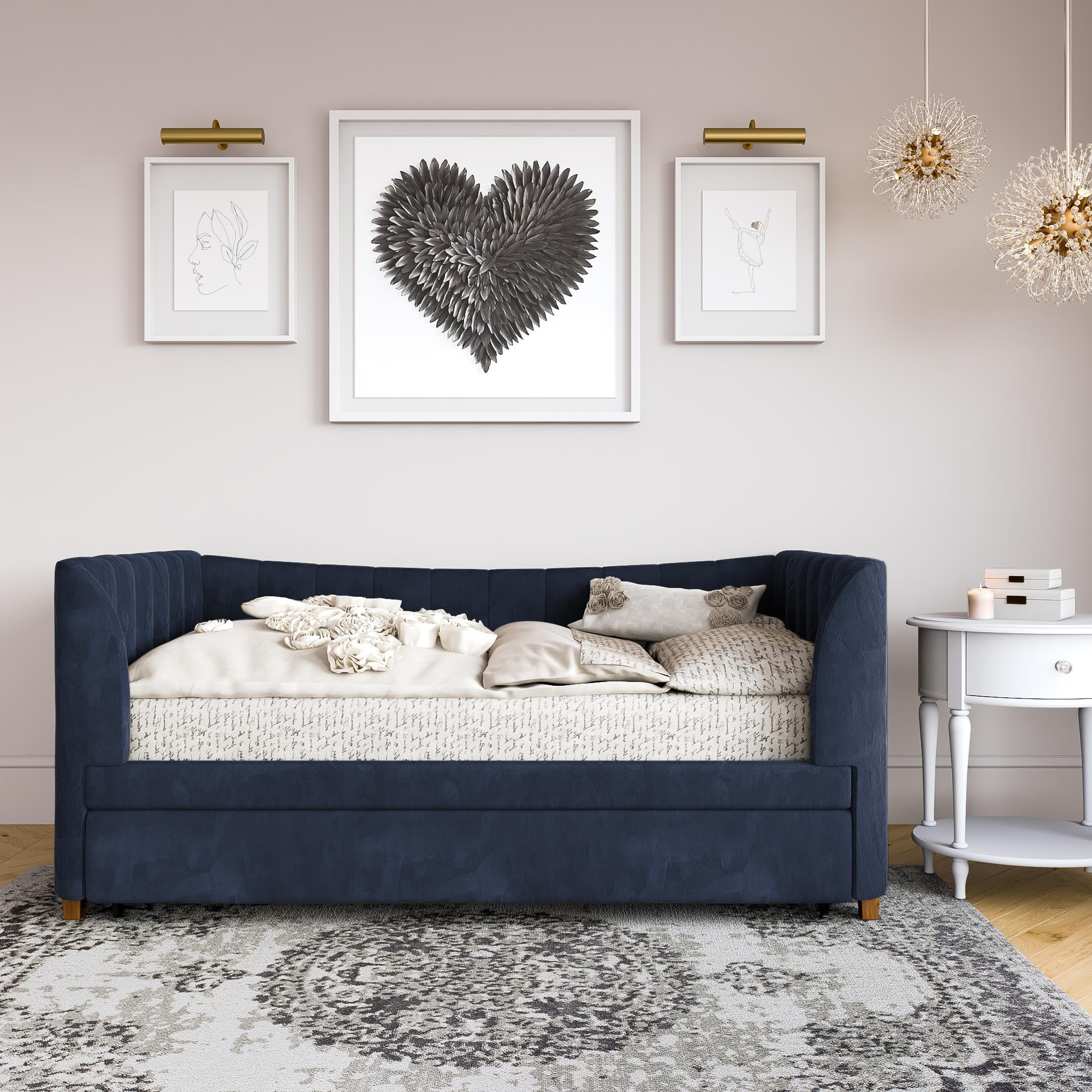 Valentina Twin Blue Velvet Upholstered Daybed with Trundle