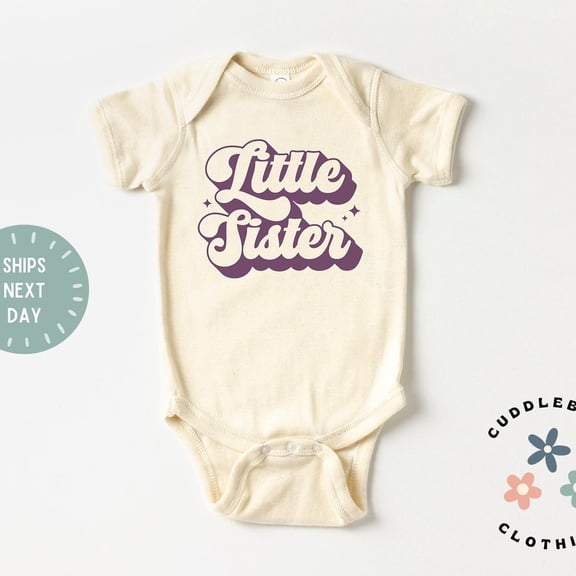 Little Sister Baby Bodysuit, Retro Maroon Little Sis Stars Bodysuit, New Baby Sibling, Baby Announce, Pregnancy Reveal