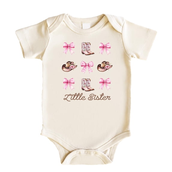 Little Sister Baby Girl Bodysuit Pink Western Cowgirl Bows Boots Hats Cute Sibling Outfit Natural Bodysuit 6 Months