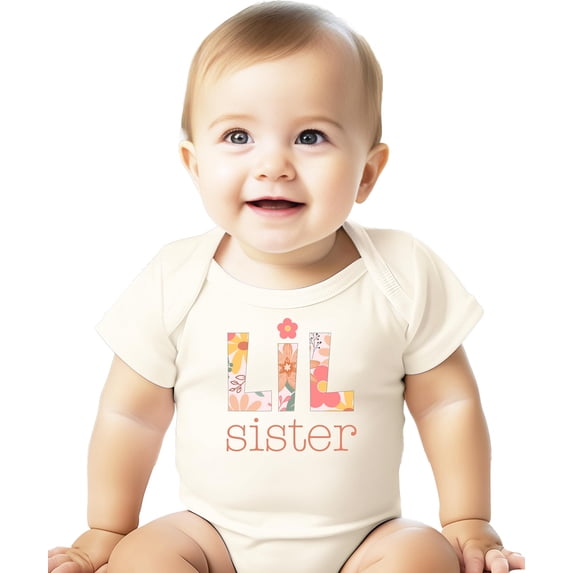 Little Sister Floral Letter Baby Bodysuit for Girls Trendy Matching Sibling Baby One-Piece Natural Bodysuit 12 Months