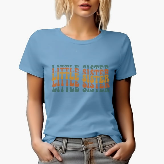 Little Sister, Groovy Retro Wavy Text Merch Gift, Baby Blue T-Shirt, Large