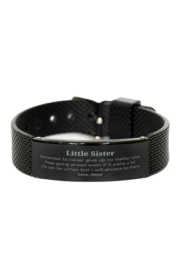 Little Sister Motivational Gifts from Sister, Remember to never give up no matter what, Inspirational Birthday Black Shark Mesh Bracelet for Little Sister