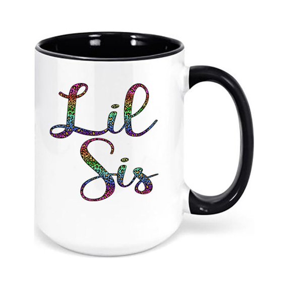 Little Sister Mug, Lil Sis Leopard Rainbow, Leopard Print Mug, Little Sis Mug, Gift For Big Sister, Sister Mug, Dishwasher Safe, Sister Mug, BLACK