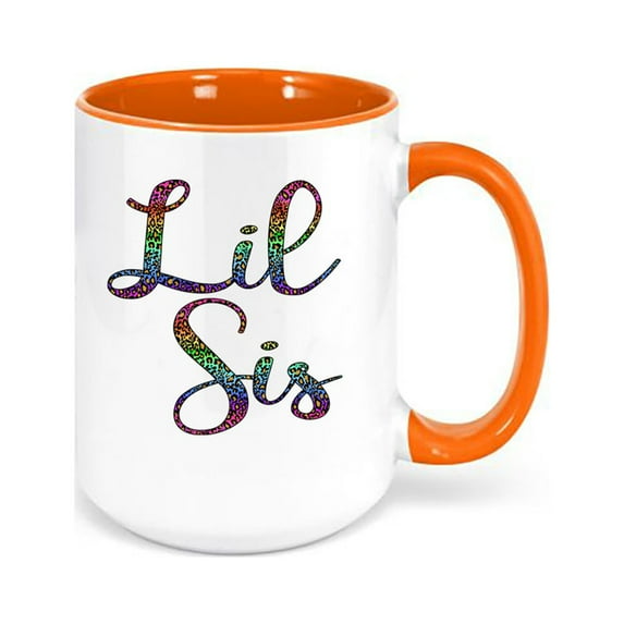 Little Sister Mug, Lil Sis Leopard Rainbow, Leopard Print Mug, Little Sis Mug, Gift For Big Sister, Sister Mug, Dishwasher Safe, Sister Mug, ORANGE