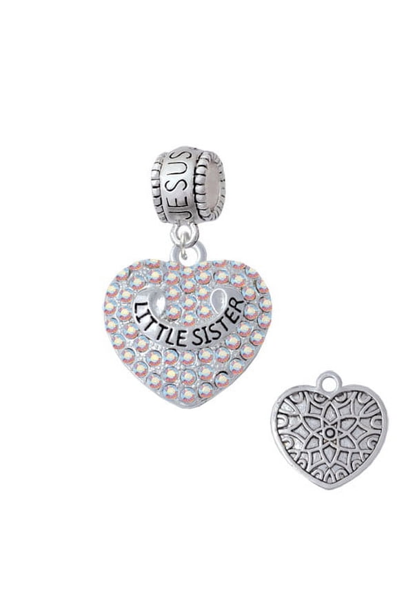 Little Sister on AB Crystal Heart - Jesus Loves Me Charm Bead