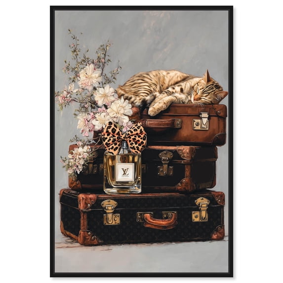 Little Sleeping Cat on Suitcases Canvas Print Glam Wall Art by Art Remedy, Black Frame, 30 x 45