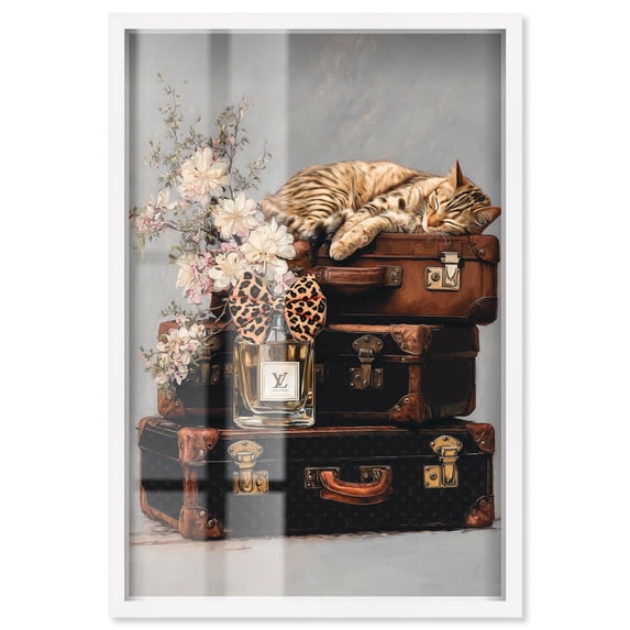 Little Sleeping Cat on Suitcases Shadowbox Print Glam Wall Art by Art Remedy, White Frame, 36 x 54