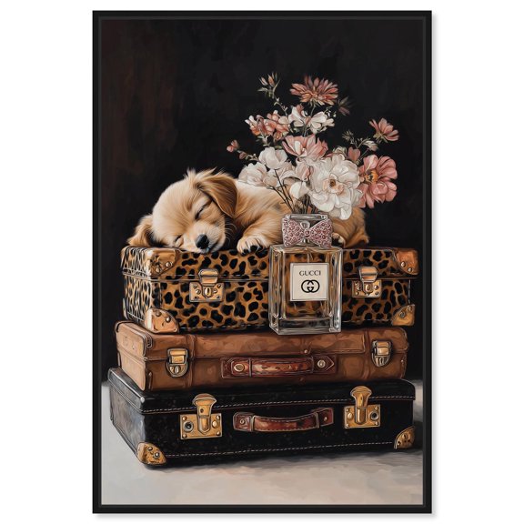 Little Sleeping Puppy on Suitcases Canvas Print Glam Wall Art by Art Remedy, Black Frame, 30 x 45