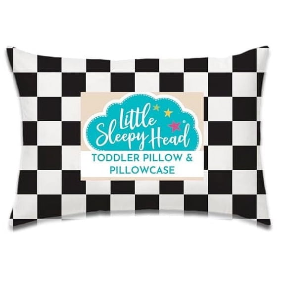 Little Sleepy Head Toddler Pillow with Pillowcase (Checkers Black) Best Pillow for Kids! 13x18"