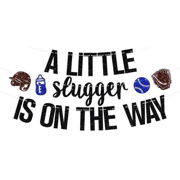 A Little Slugger is on the Way Banner, American Baseball 1st Birthday for Boy, Sport Themed Rookie Birthday/Gender Reveal/Baby Shower Party Decoration Supplies, Black Glitter