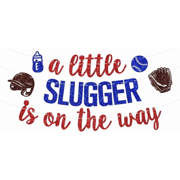 A Little Slugger is on the Way Banner, American Baseball 1st Birthday for Boy, Sport Themed Rookie Birthday/Gender Reveal/Baby Shower Party Decoration Supplies, Blue and Red Glitter