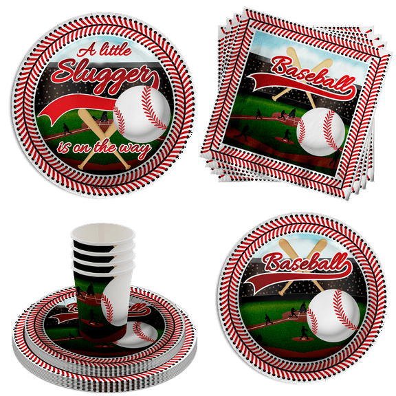 Little Slugger on the Way Baseball Baby Shower Party Supplies 64 Piece Tableware Set Includes Large 9" Paper Plates Dessert Plates, Cups and Napkins Kit for 16