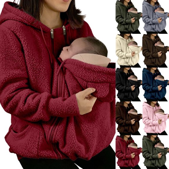 Little Snug Fleece Jacket Kangaroo Hoodie for Mom and Baby Cozy Soft Warm Daily Wear, Oversized Kangaroo Pouch Carrier Hoodie Deep Red M