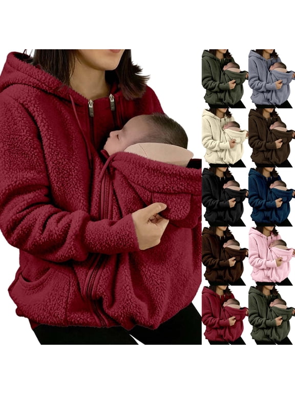 Little Snug Fleece Jacket Kangaroo Hoodie for Mom and Baby Cozy Soft Warm Daily Wear, Oversized Kangaroo Pouch Carrier Hoodie Deep Red M