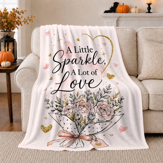 A Little Sparkle A Lot of Love Floral Bouquet Flannel Blanket, Cozy Romantic Line Art for Flower Lovers, Valentine's Day Gift and Home Decor for Bedroom and Guest Room