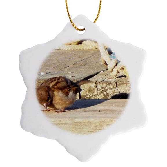 3drose, Little Sparrow Eating Seed on Dock, 3 inch Snowflake Porcelain Ornament