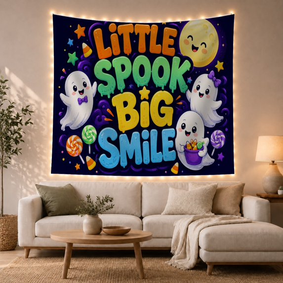 Little Spook Big Smile Ghosts with Moon and Candy, Playful Gothic Style for Halloween Decor Lovers, Ghost Wall Art Halloween Gift, Tapestry Wall Hanging for Bedroom and Dorm