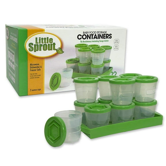 Little Sprout Baby Food Storage Containers with Write What You Want Lids (12 Pk) - 2oz Reusable Leak Proof Plastic Jars & Tray- Freezer, Microwave & Dishwasher Safe- BPA/PVC Free