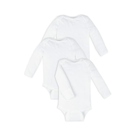 Little Star 100% Organic Cotton 3 Pack White Bodysuit Long Sleeve Mit Cuff