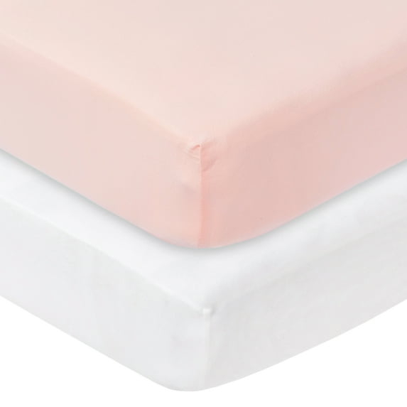 Little Star Organic 100% Pure Organic Cotton Fitted Jersey Knit Crib Sheets, 2 Pk, Pink/White