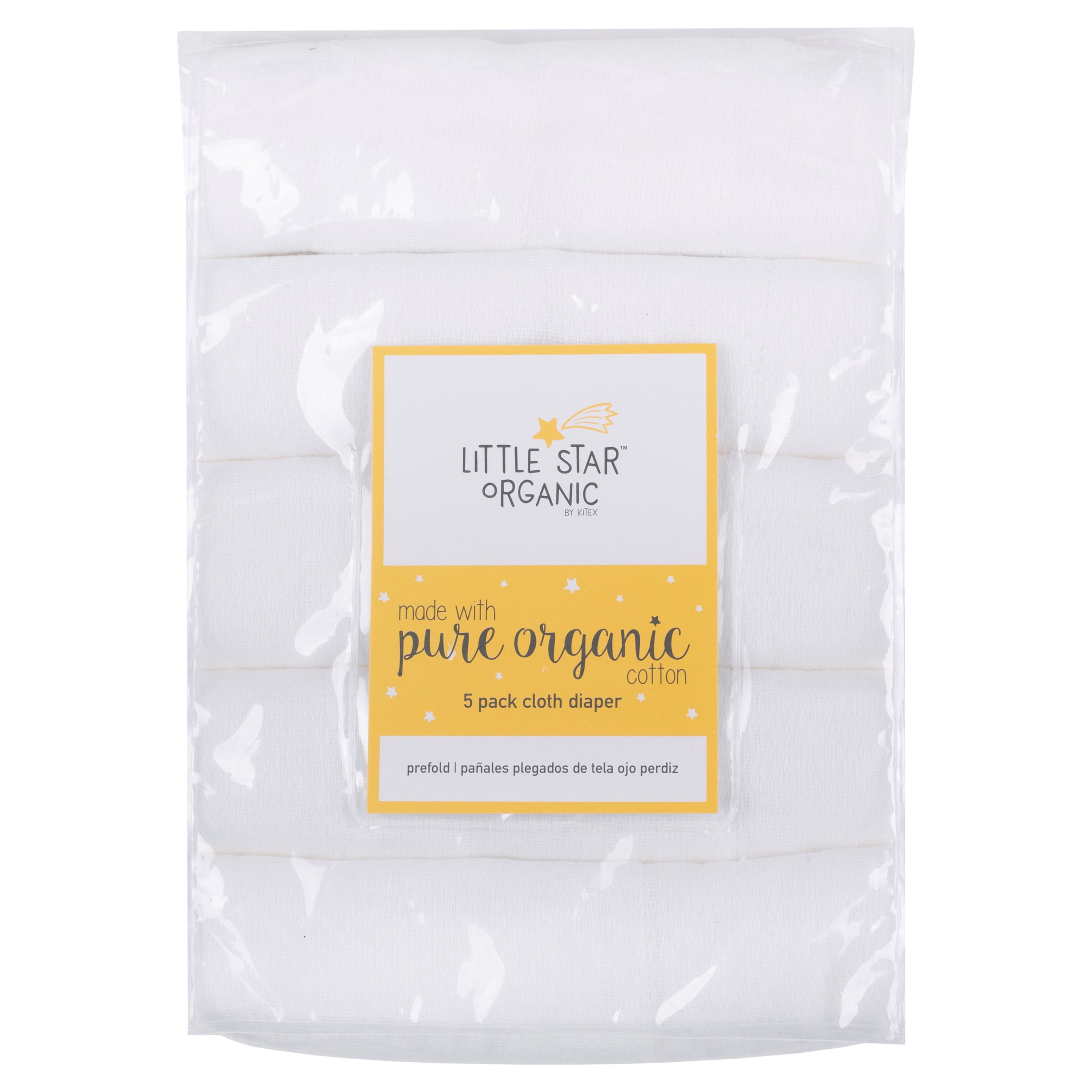 Little Star Organic Pure Cotton Washable Cloth Diapers for Newborns, 5-Pack, Pre-folded, White
