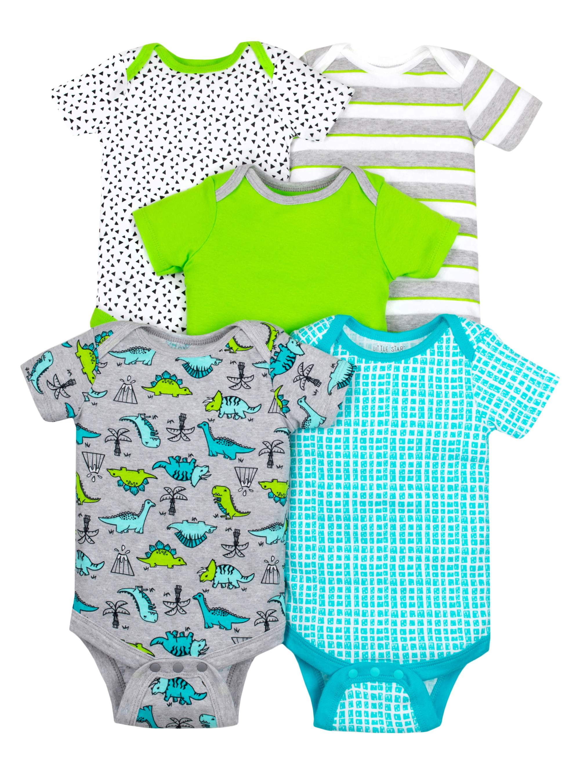Little Star Organic Baby Boy 100% Organic Cotton Short Sleeve Bodysuits, 5-pack (NB-24M)
