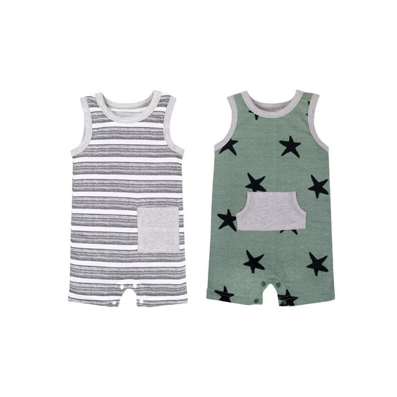 Little Star Organic Child 100% Organic Cotton Sleeveless Romper Set, Green, 0-24 Months, 2 pc