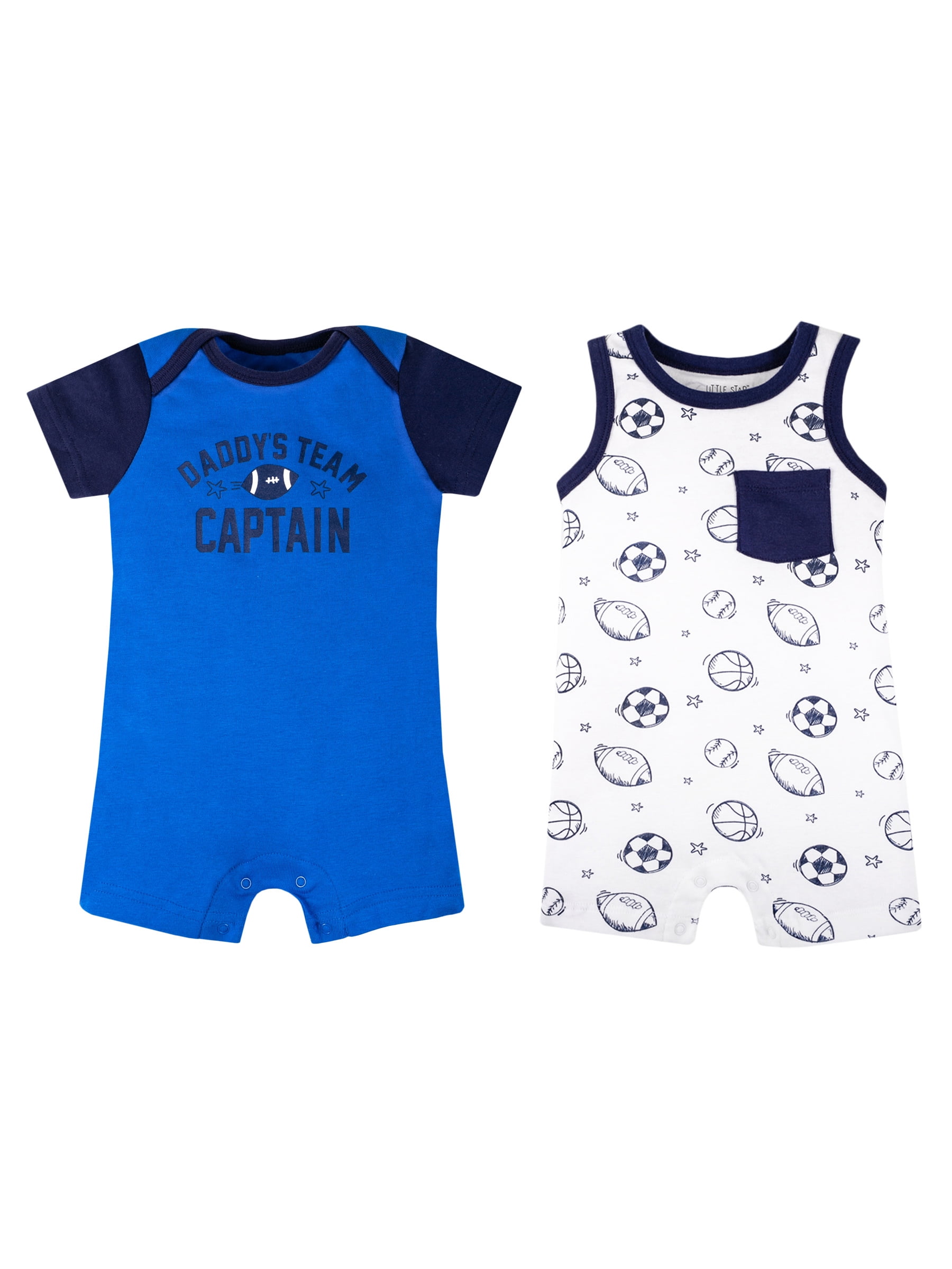 Stellou & Friends Baby Boy Romper - Jersey Overalls For 0-24 Months, Pale Blue & Grey, Easy Snap Design