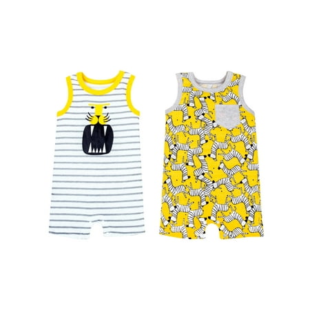 Little Star Organic Baby Boy 2 Pk Sleeveless Rompers, Size Newborn - 24 Months