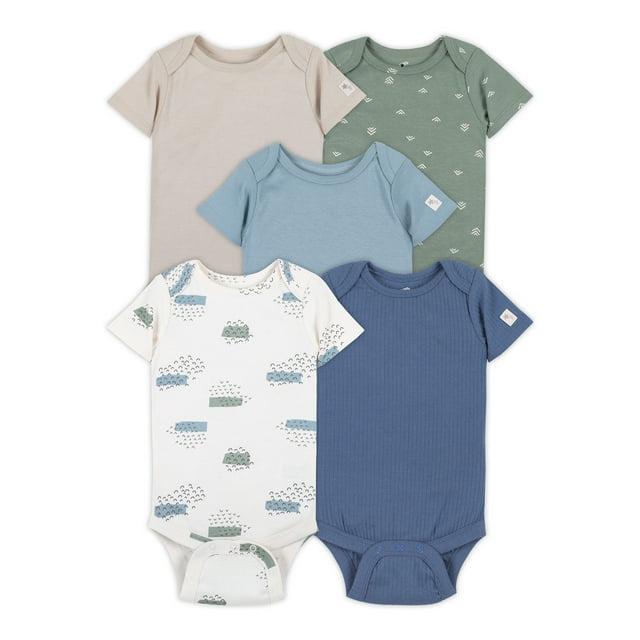 Little Star Organic Baby Boy 5Pk Short Sleeve Bodysuits, Size Newborn