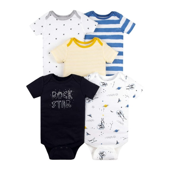Little Star Organic Baby Boy 5Pk Short Sleeve Bodysuits, Size Newborn-24M