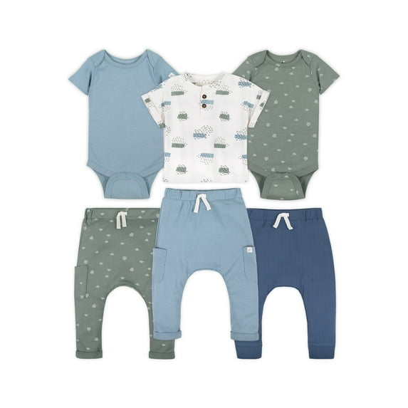 Little Star Organic Baby Boy 6Pc Mix and Match Outfit Set, Arona Blue, Size 18 Months
