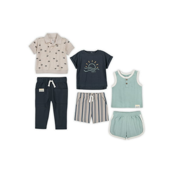 Little Star Organic Baby Boy 6Pc Mix and Match Outfit Set, Sea Surf, Size 18 Months