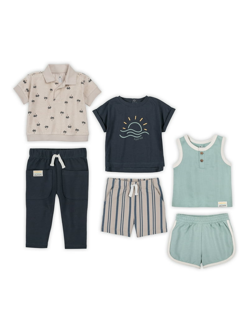 Little Star Organic Baby Boy 6Pc Mix and Match Outfit Set, Sea
