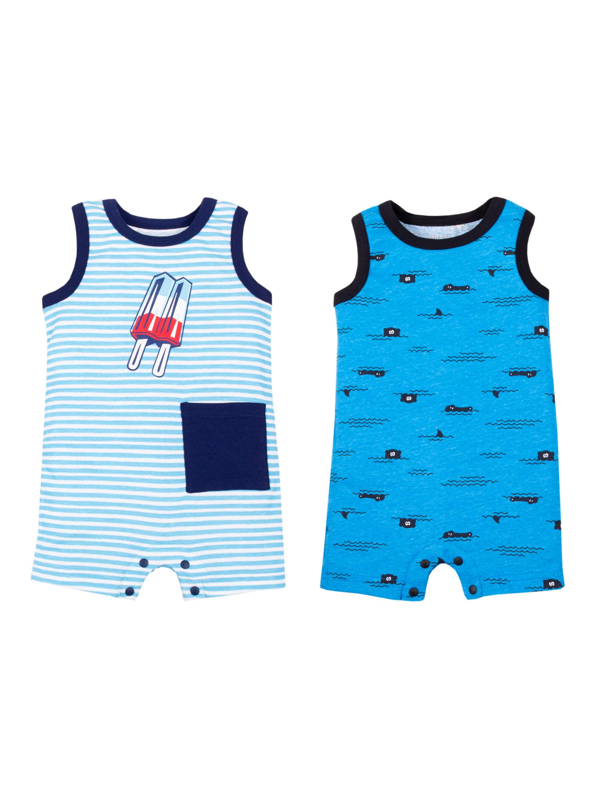 Little Star Organic Baby Boy Cotton Sleeveless Romper, Blue, Newborn, 2-Pack