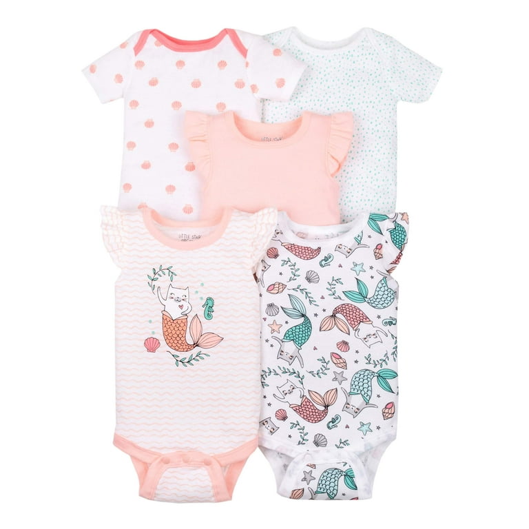 Little Star Organic Baby Girl 100% Organic Cotton Short Sleeve 5-pack  Bodysuits, Size Newborn-24 Months 