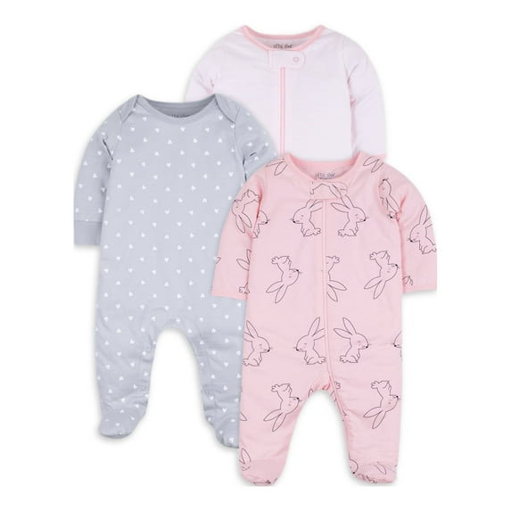 Little Star Organic, Baby Girl, 3Pk Sleep n Play Pajamas, Size Newborn - 9 months.