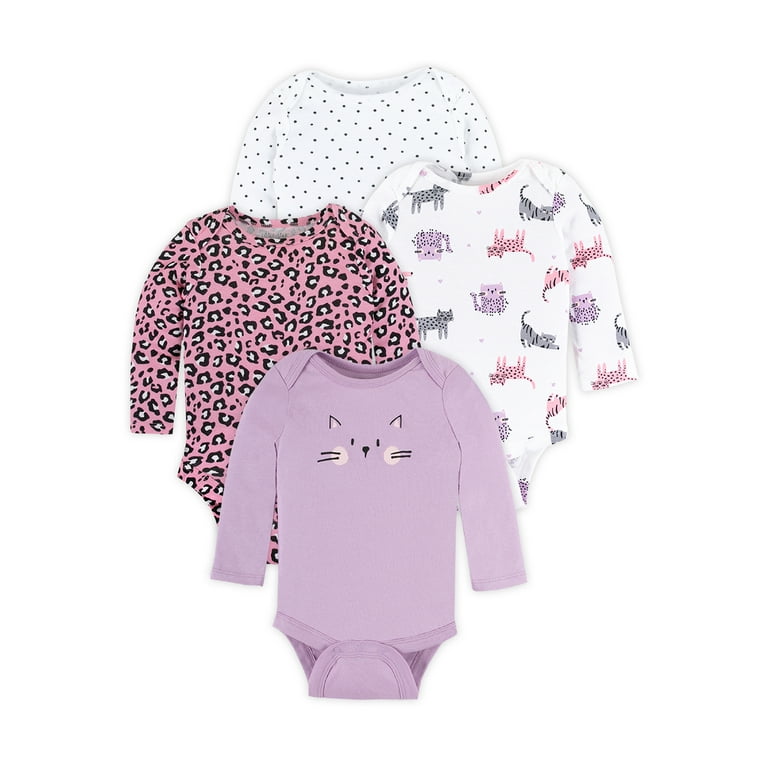 Little Star Organic Baby Girl 4PK Long Sleeve Bodysuits, Size Newborn-24  Months 