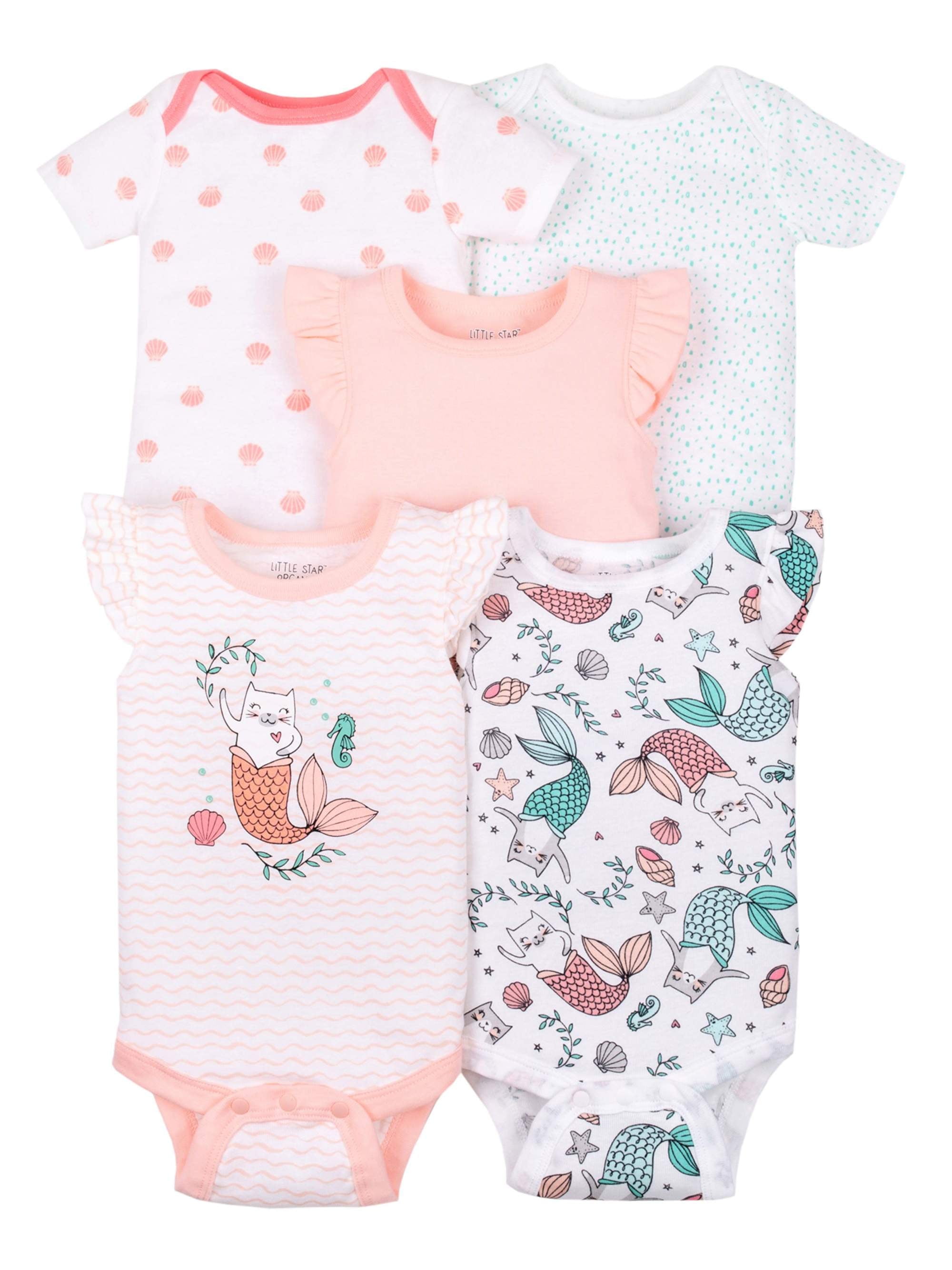 Little Star Organic Baby Girl 5 Pk Flutter & Short Sleeve Bodysuits, Size Newborn-24 Months